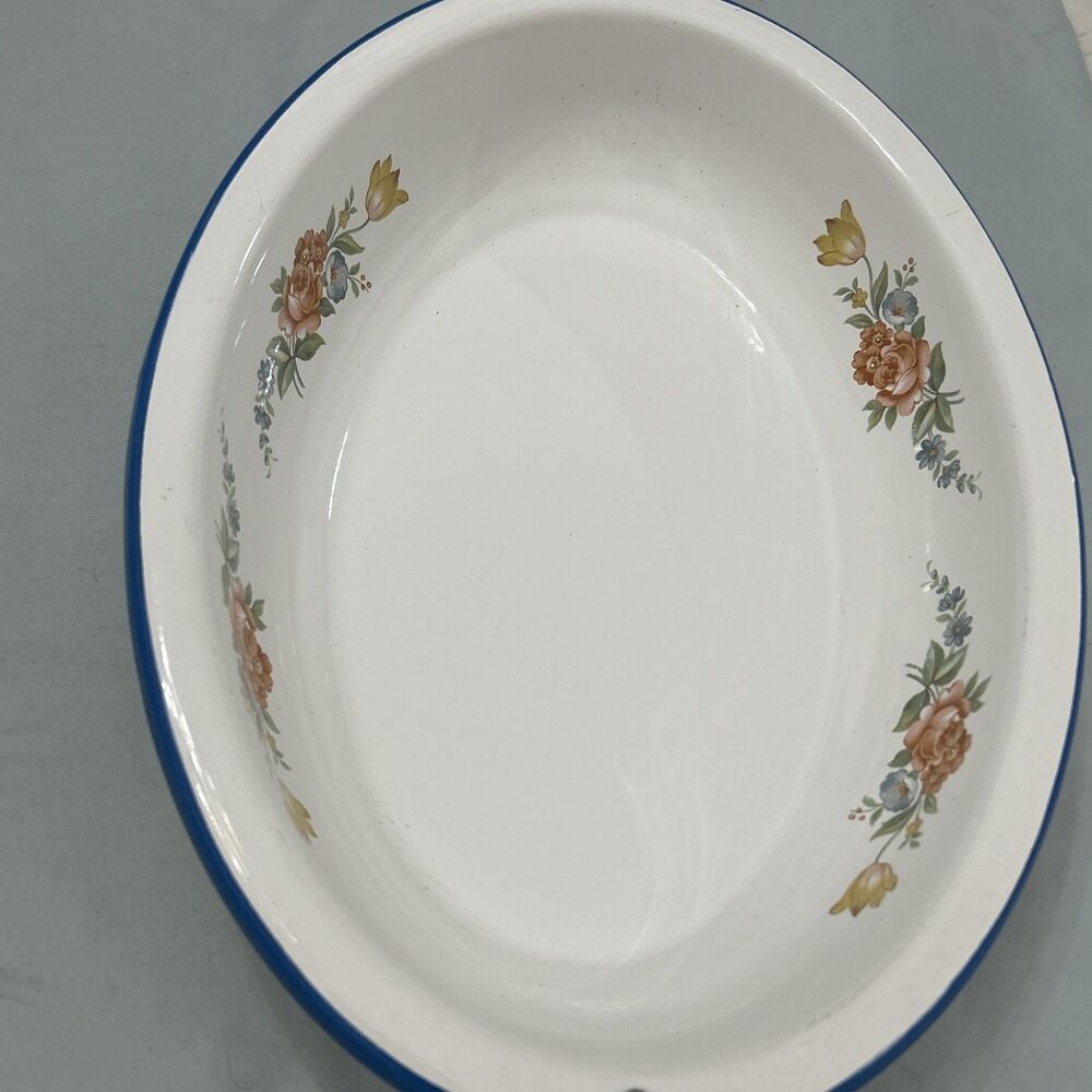 Vtg Enamelware Floral Print Rose Cinsa Brand Saltillo Mexico Oval Blue Trim - Picture 14 of 14